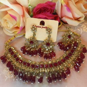 Maroon red crystal polki set