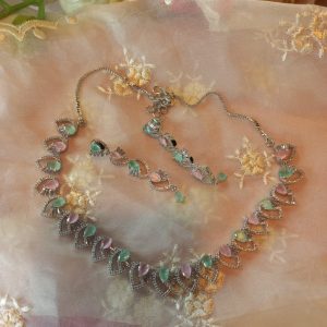Silver mink with mint green choker set