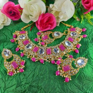 Cerise pink kundan crystal choker set