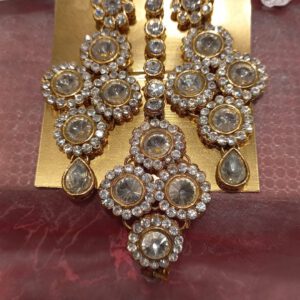 Gold An white Stone earrings with sir Bhandi