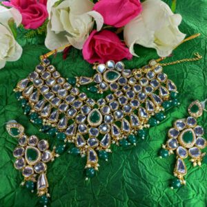 Kundan crystal choker set /bottle green with white stones