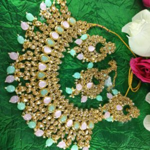 Kundan crystal choker set/pink and green