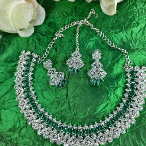 Silver crystal choker set with bottle green stones