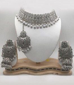 Silver crystal polki set with pearls
